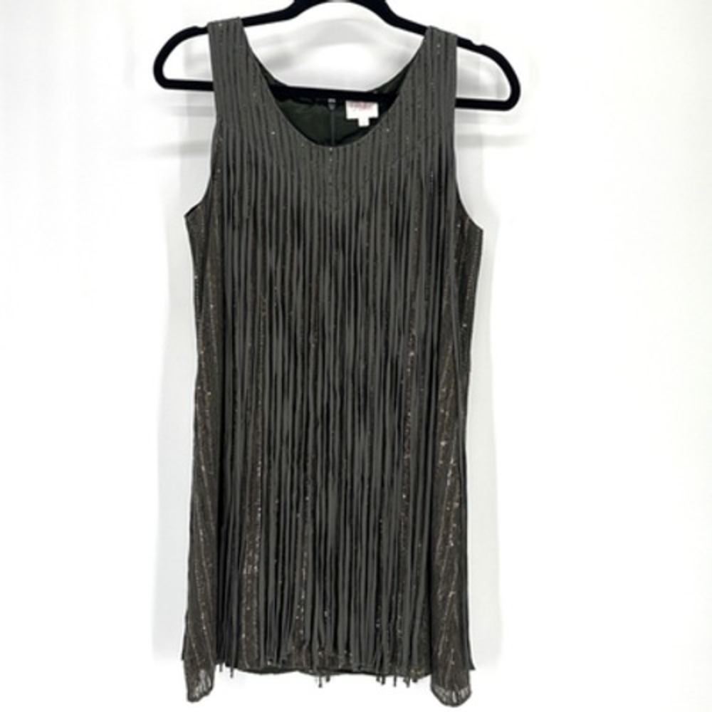 Parker Bryant Fringe Sequin Mini Silk Shift Dress Small Green Boho Coquette
